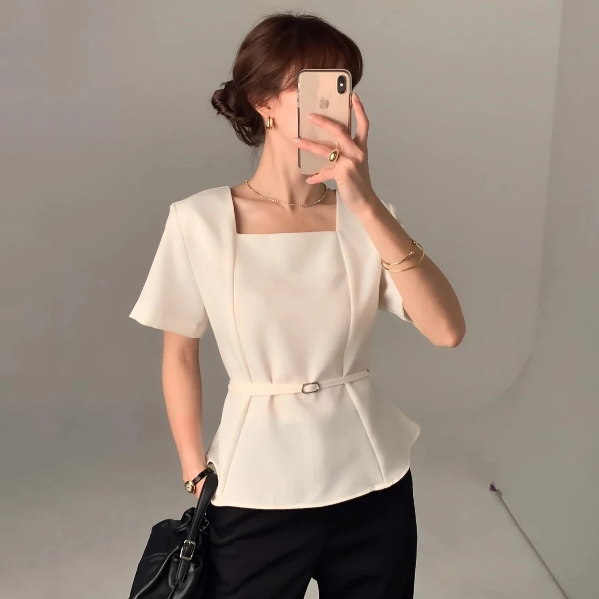 Casual Chic Square Collar Short Sleeve Waist-Cinching Commute Friendly Versatile Top for Women Polyester Fabric Summer 2026
