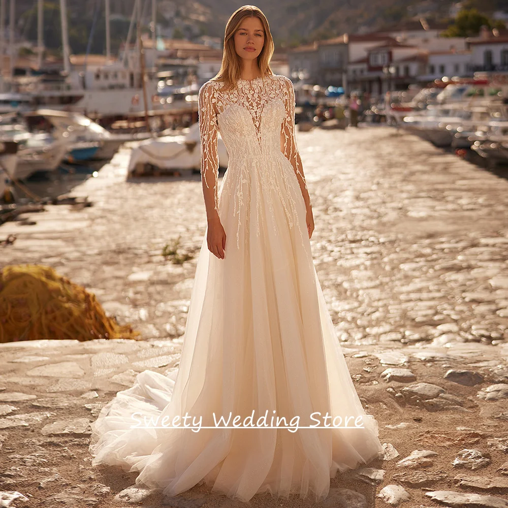 

2026 Wedding Dress New Customized Scoop Neck Long Sleeves Illusion Lace Applique Sweep Train Tulle A Line Bridal Gown