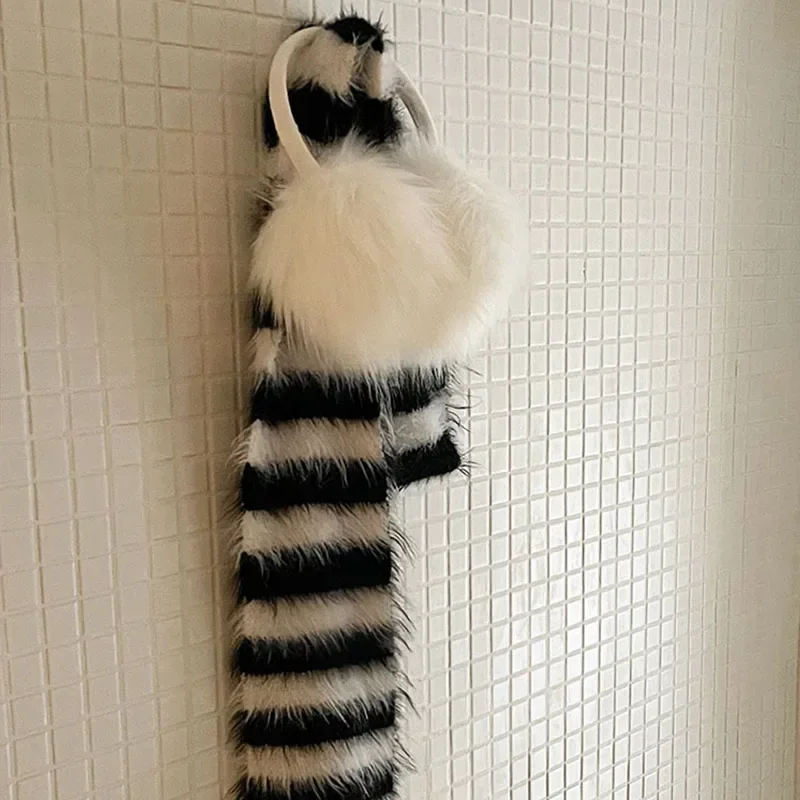 Vintage Stripe Shaggy Mink Scarf Korea Y2K Women Winter Warm Plush Woolen Scarf Lolita Japanese Original Design Accessories