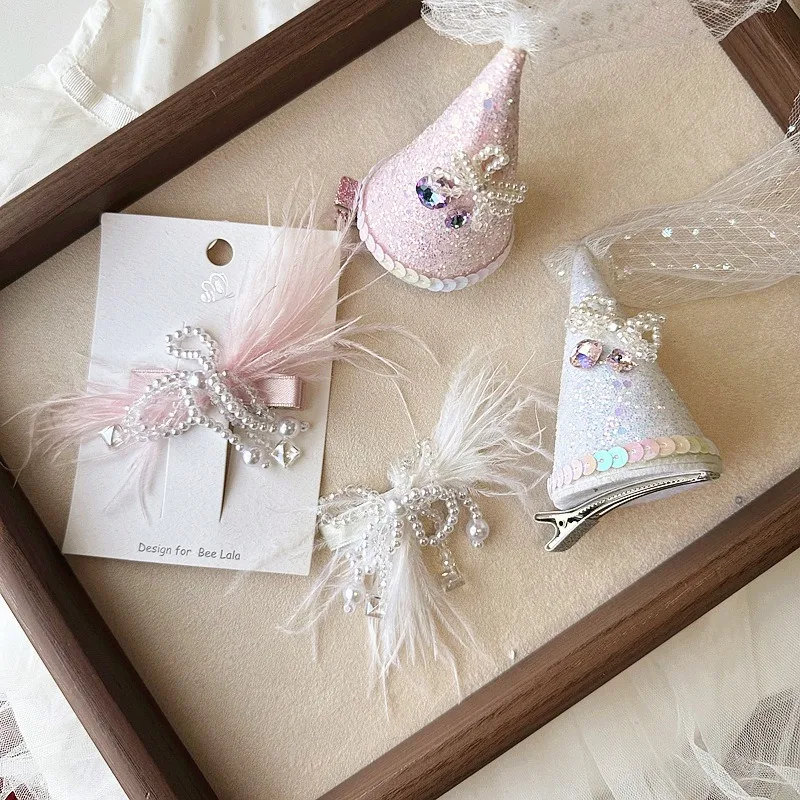 Kinder Mädchen Nette Party Hut Haar Clips mit Pailletten Perle Schleife Feder Süße Prinzessin Glänzende Haar Zubehör Geburtstag Geschenk VG223