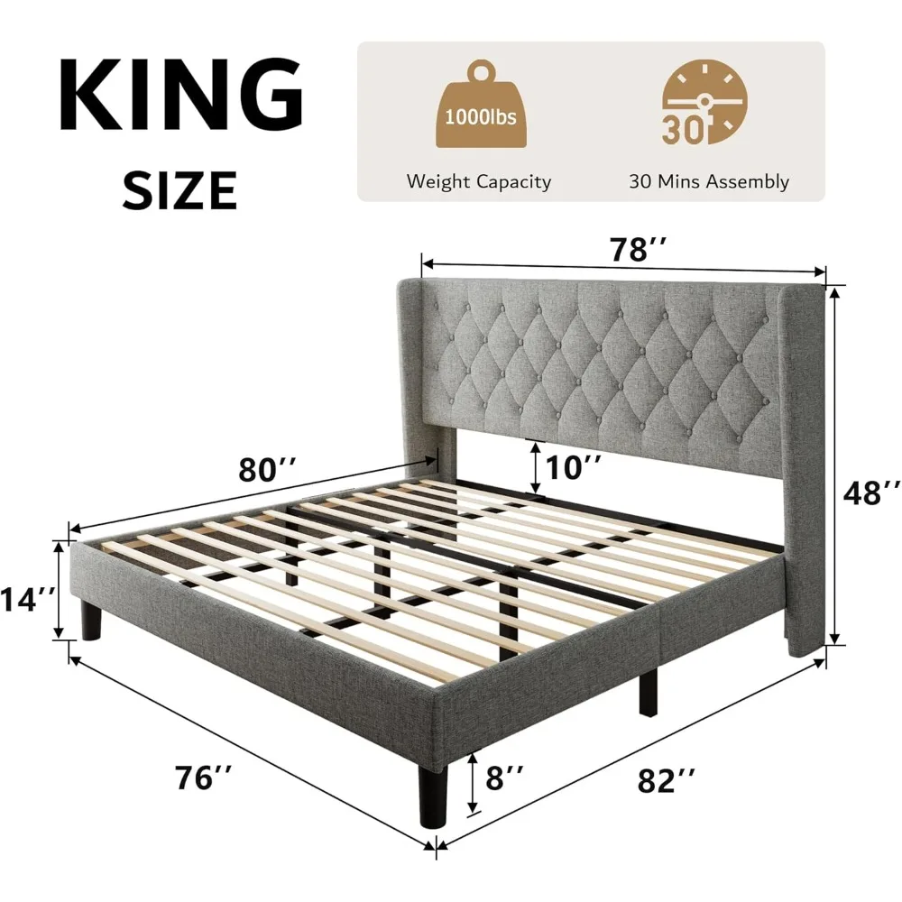 Estrutura de cama king size com cabeceira tufada de botão, ripas de madeira maciça, sem necessidade de molas, estrutura de cama de plataforma estofada