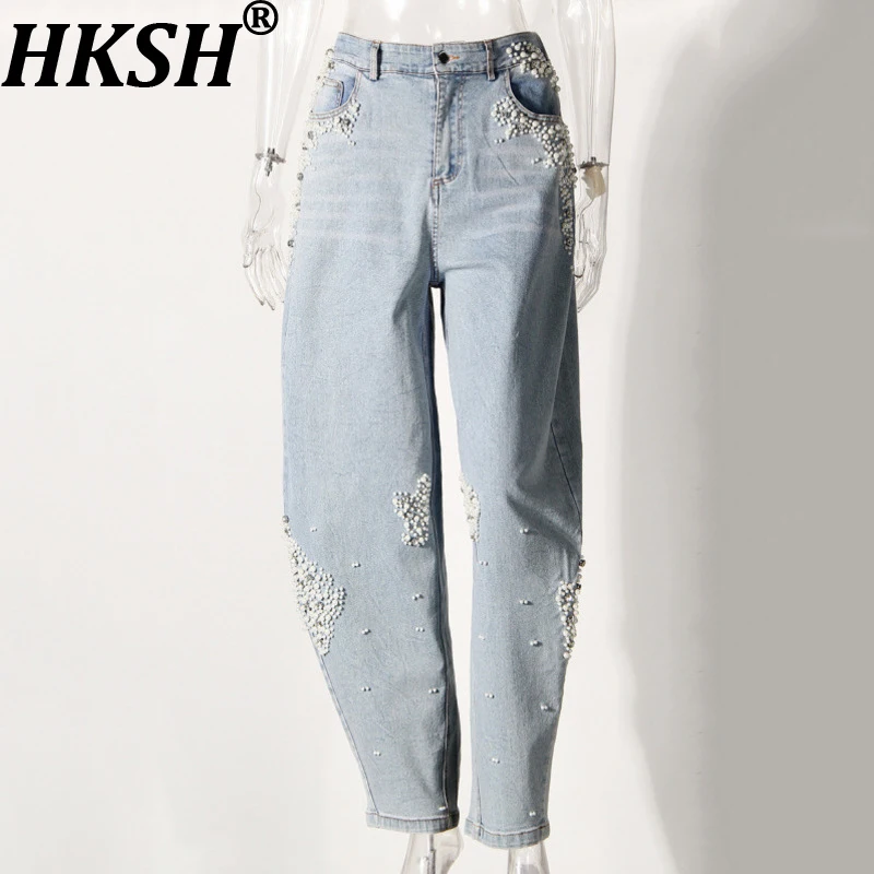 

HKSH Women Casual Jeans Slim Fit Beaded Studded Diamonds High Street Vintage Retro Ins Y2K Denim Pants New Spring Summer HK20902