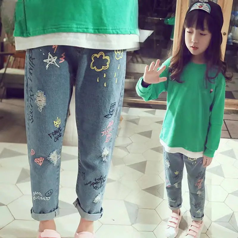 

Personality Cloud Graffiti Printing Hole Casual Children JeansChildren's Clothing For Girl Kids Pants Boutique Children Trouser