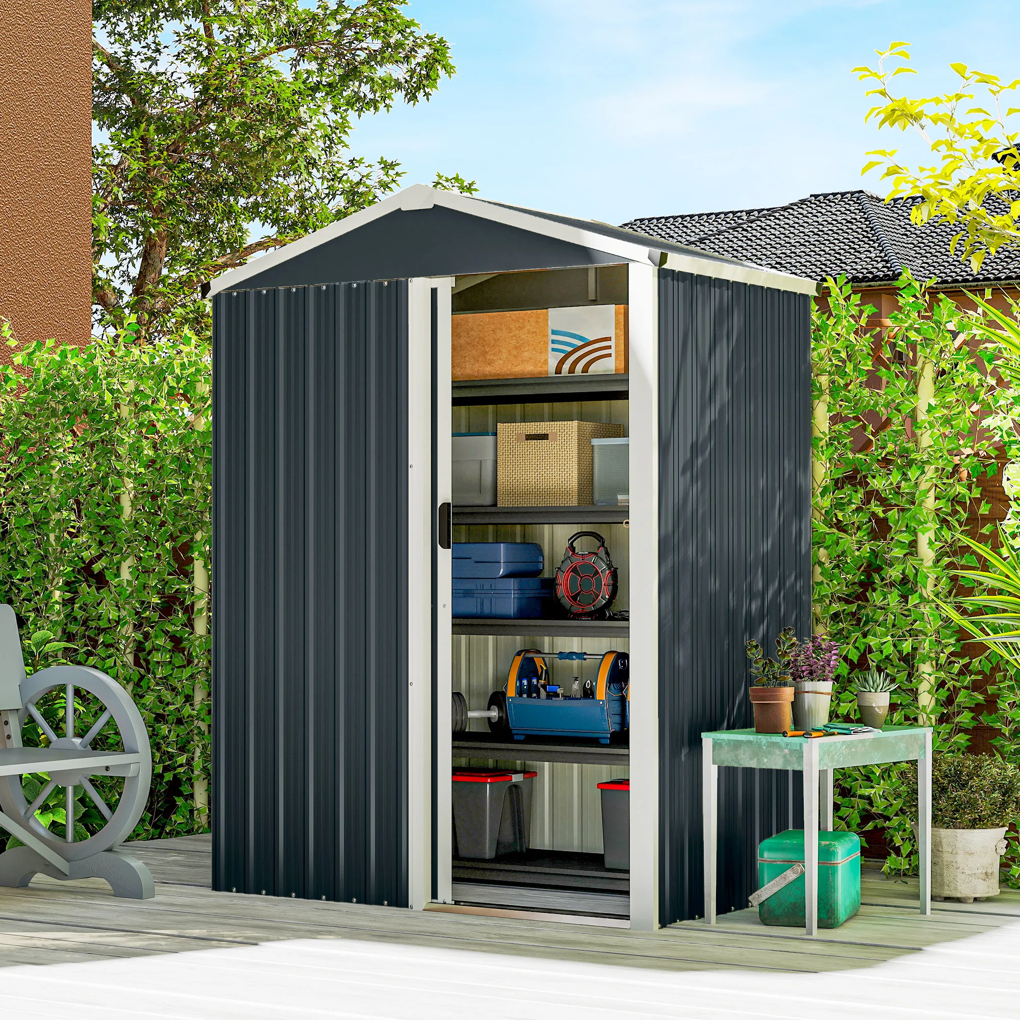 Outsunny Caseta de Jardín 1,1 m², 136x87x179 cm, Metálica con Puerta Corredera y Techo Inclinado.