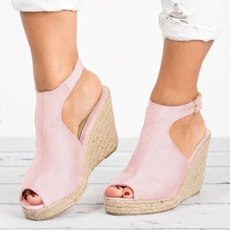 Women\'s Fashion Summer Wedges Heel Platform Casual Shoes Women Buckle Strap Roman Female PU Peep Toe High-heeled Shoes