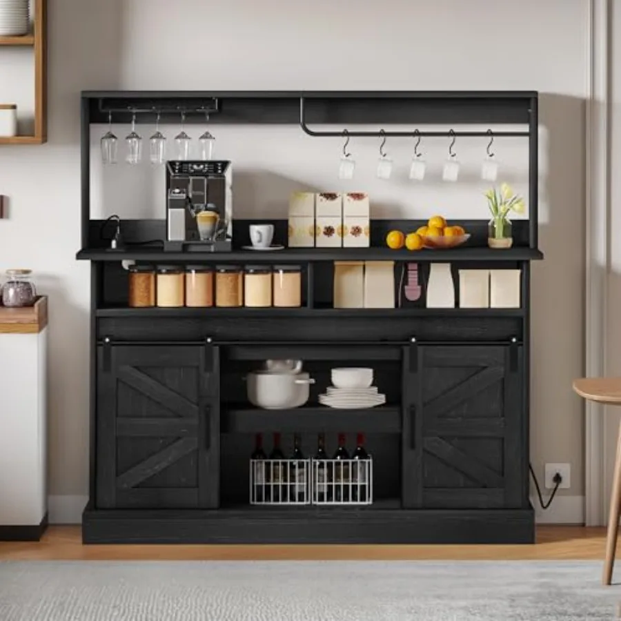 

Буфет-сервант из черного дуба в стиле фермерского дома с держателем для бокалов и розеткой для кухни и гостиной, с раздвижной дверью-амбаром