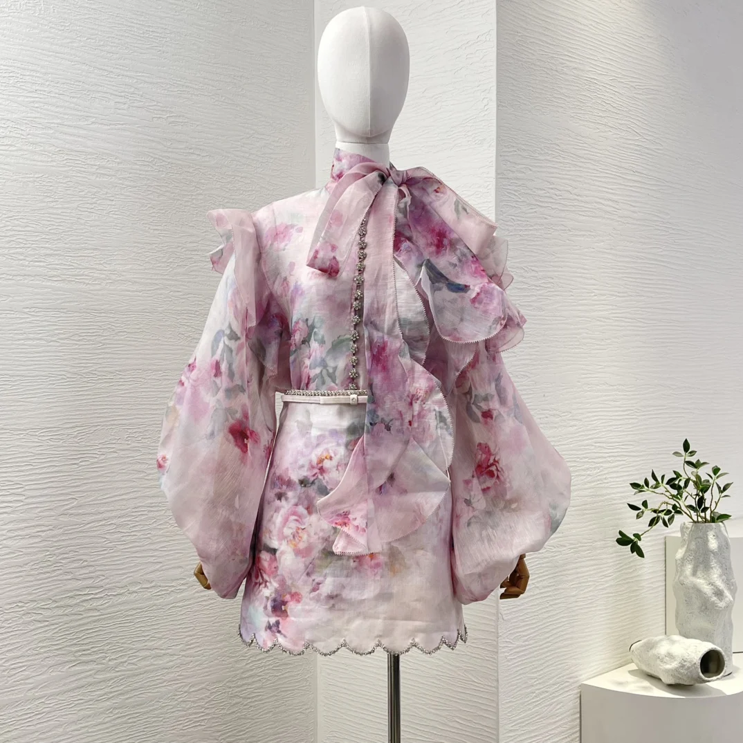 

Light Purple Violet Floral Print Long Sleeve Blouse Tops and Skirt Set