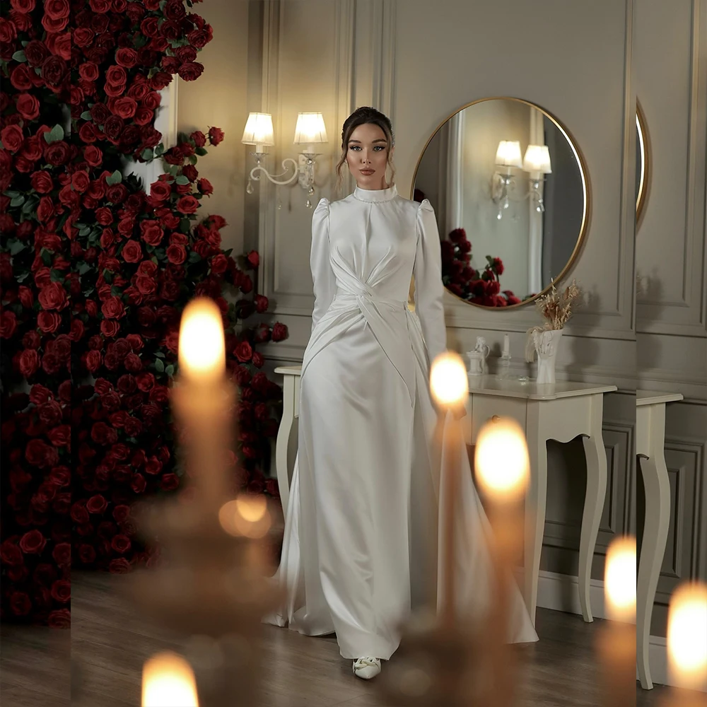

Modest Weddings Dresses High Neck Long Sleeve Pleat Muslim Mermaid Bridal Gown Customizedفساتين حفلات الزفاف