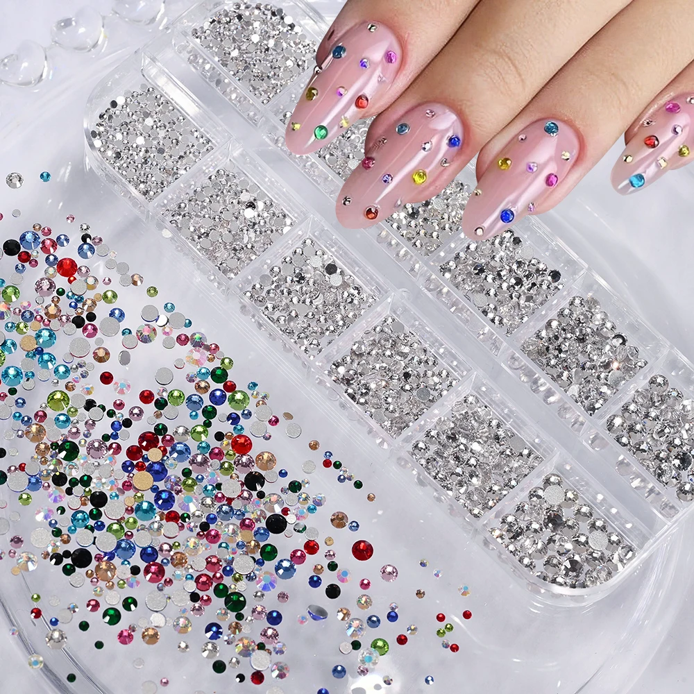 12 Gitter, 3D-weiße Nail-Art-Strasssteine und 2 Werkzeuge, gemischte Größen, flache Rückseite, rundes Glas, Diamant-Nagel-Charms, DIY-Handwerk, Maniküre-Zubehör – Detail 11
