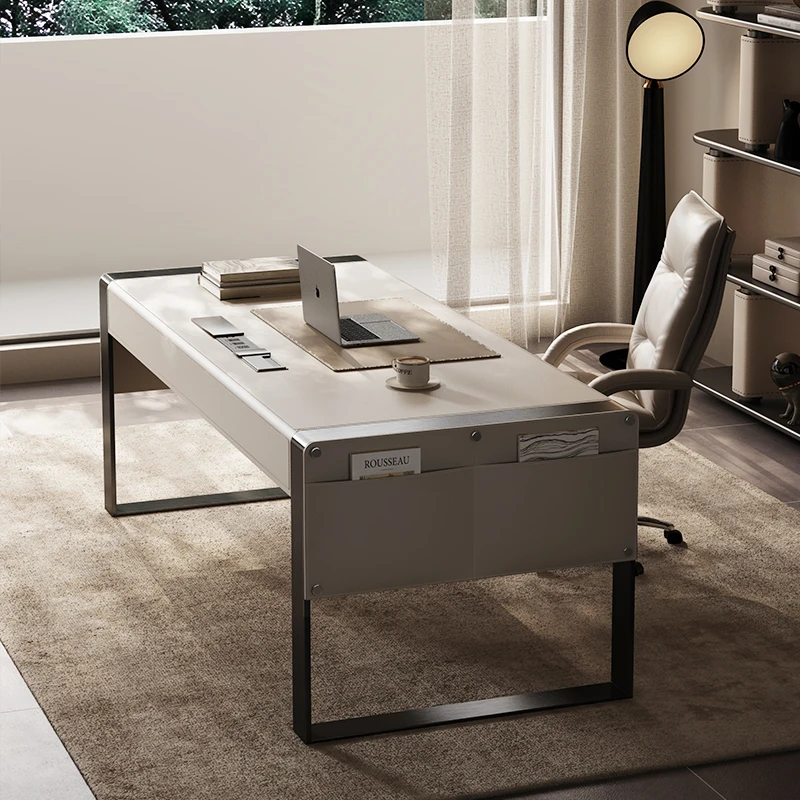 Light luxury high-end saddle leather solid wood home computer desk