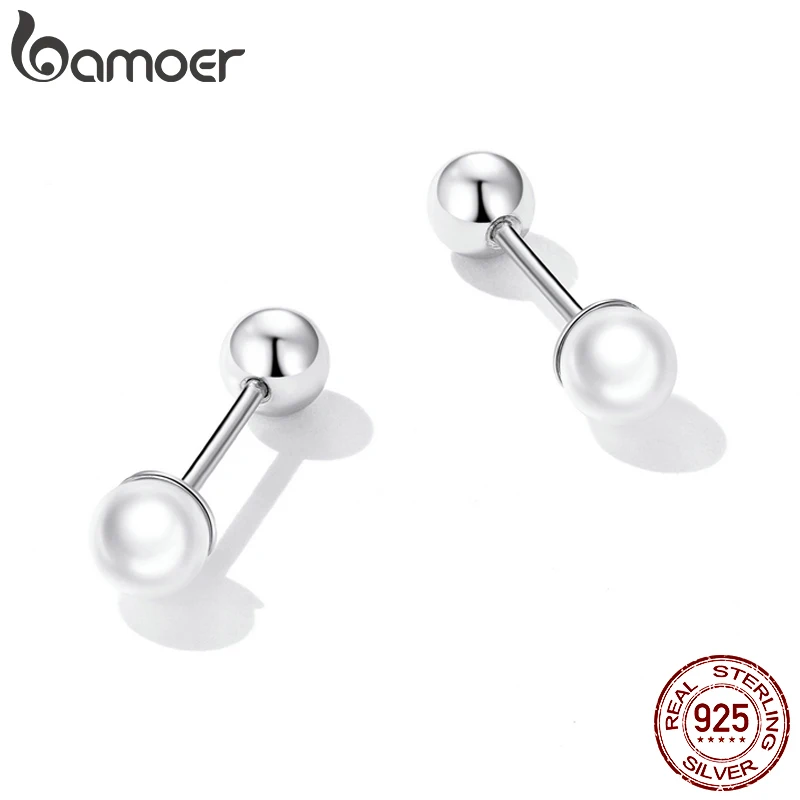 BAMOER 925 Sterling Silver Charm Pearl Beads Stud Earrings For Women Trendy Mini Ball Earrings Fine Jewelry for Daily Wear