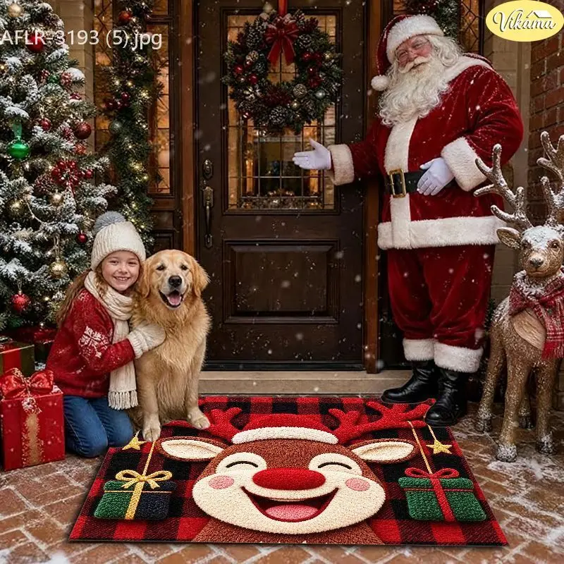 VIKAMA Purple Reindeer Moon Star Entryway Rug Non Slip Low Profile Mats for Outside Front Door Xmas Winter Decor Washable