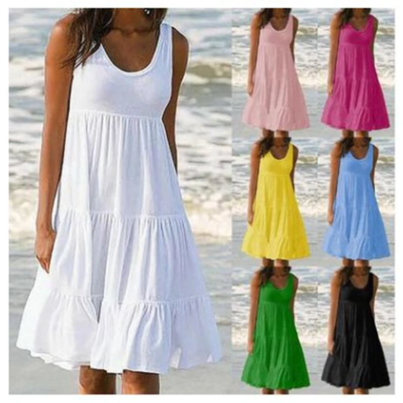 Women Causual O Neck Sleeveless Ruffles Dress Boho Chic Solid Beach Sundress Oversized Loose Mini Dresses 2023 Summer