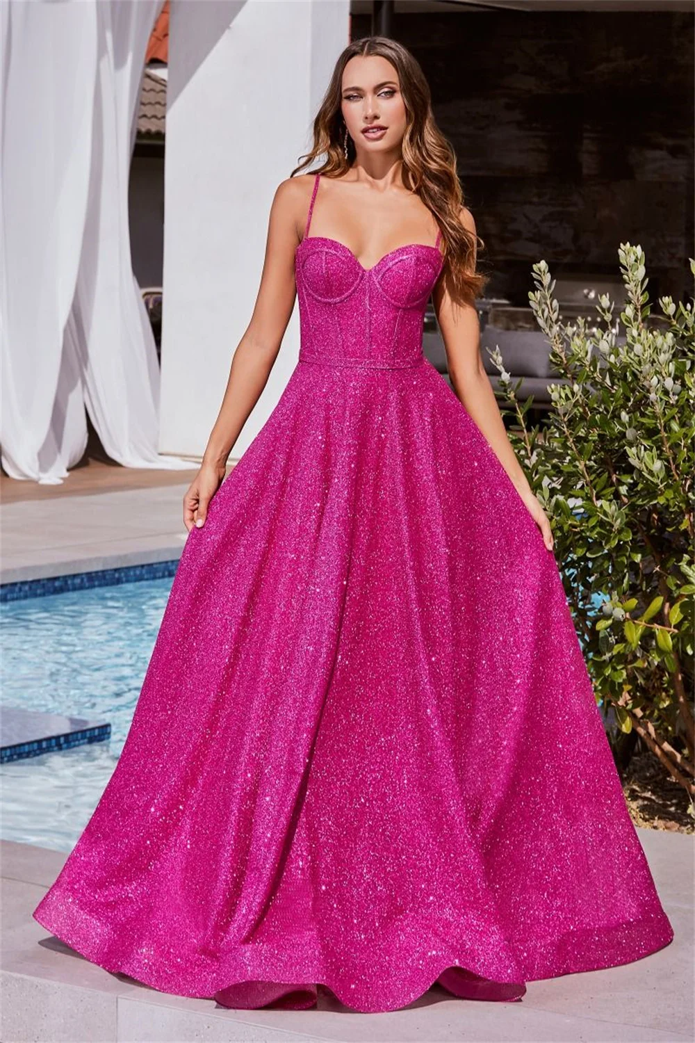 

Exquisite Spaghetti Strap Sweetheart Prom Dress Sparkly Corset Sleeveless Backless Formal Party A-line Floor-length Evening Gown