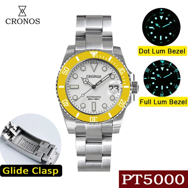 Cronos Sub Diver Men Watch White Dial With Date PT5000 Ceramic Bezel 200 meters Water Resistant Glideclasp Brushed Bracelet