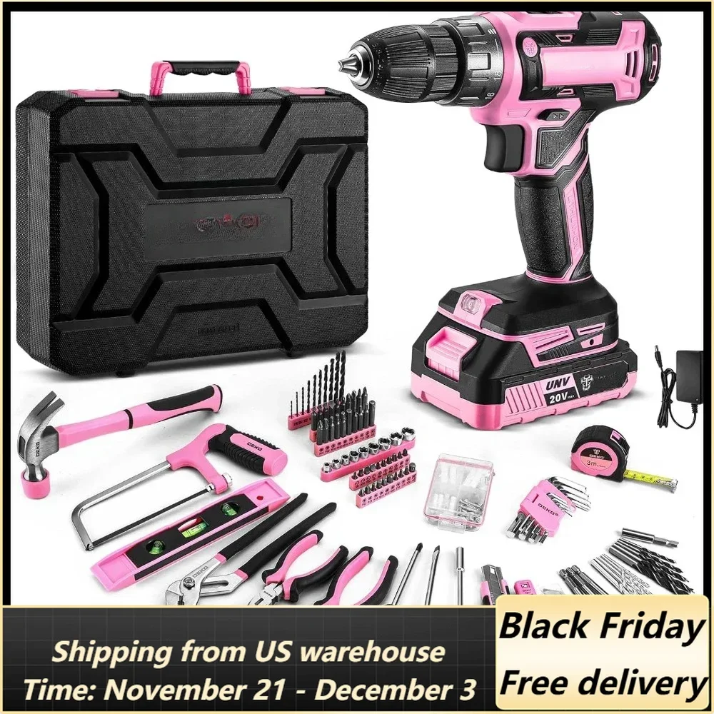 Pink Drill Tool Kit Set: 20V Cordless Power Drill Tool Box with Battery Electric Drill Driver for Men Home Hand Repair Basic Too