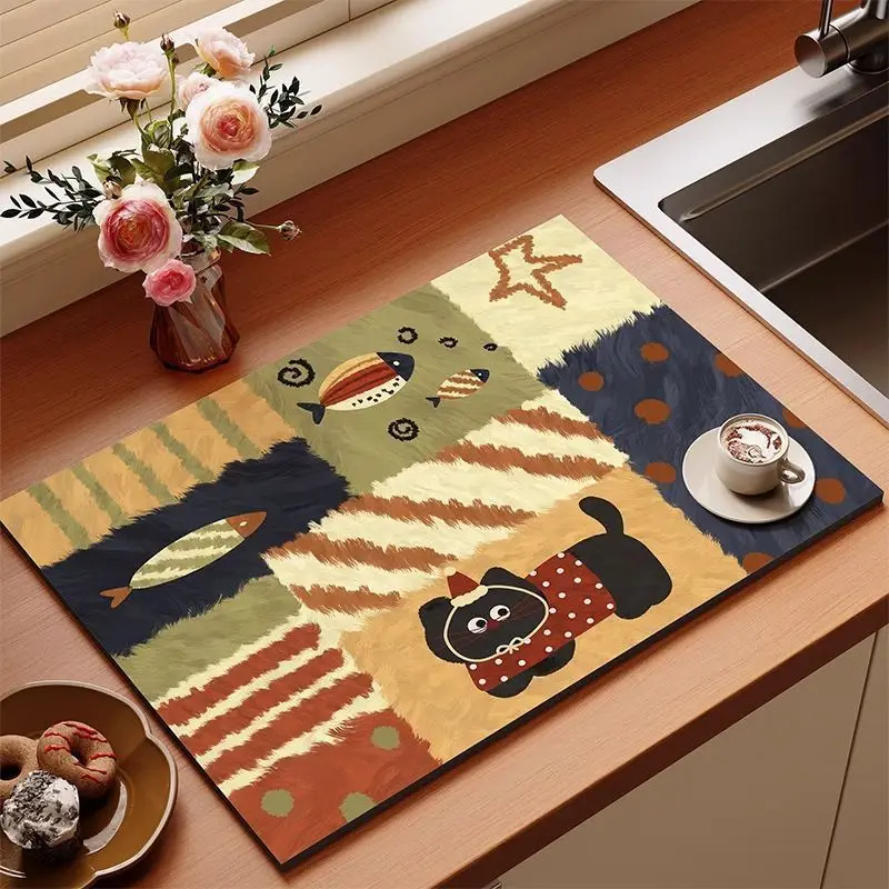 VIKAMA Color Blocking Small White Cat Kitchen Drain Pad, Anti-Slip Coffee Machine Tableware, Protective Pad