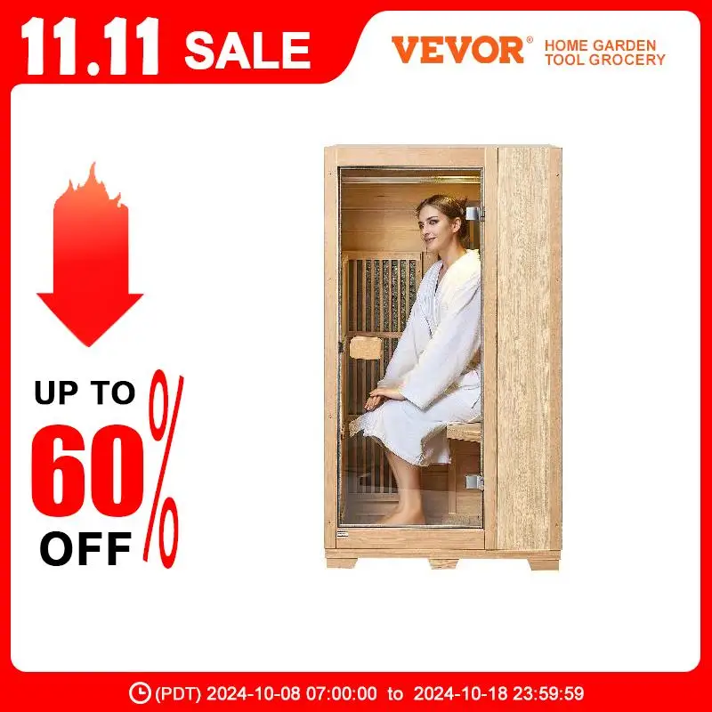 VEVOR Far Infrared Wooden Sauna Room Low EMF Wood Sauna with LED Lamp & Bluetooth 1400W Indoor Use Sauna Spa for Single Person