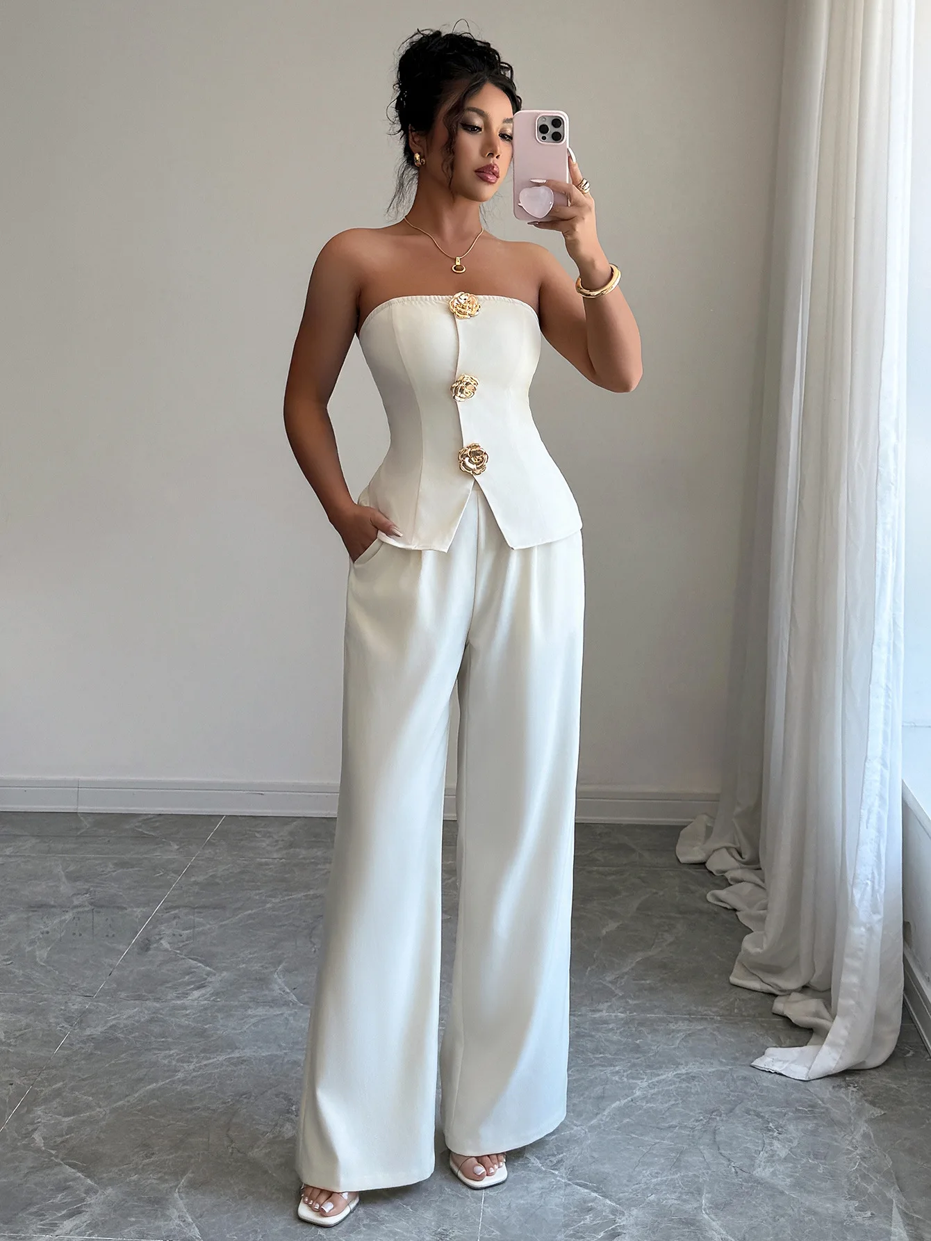 

Faionable сексуальный топ на бретельках и широкие брюки с высокой талией, комплект из двух предметов для женщин, летний повседневный комплект без бренда, зарегистрированный