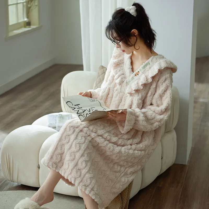 Winter Thicken Coral Velvet Warm Sleepwear Long Dress for Women Sweet Girls Flannel Nightgowns Cute Bath Robe Loose Home Wear