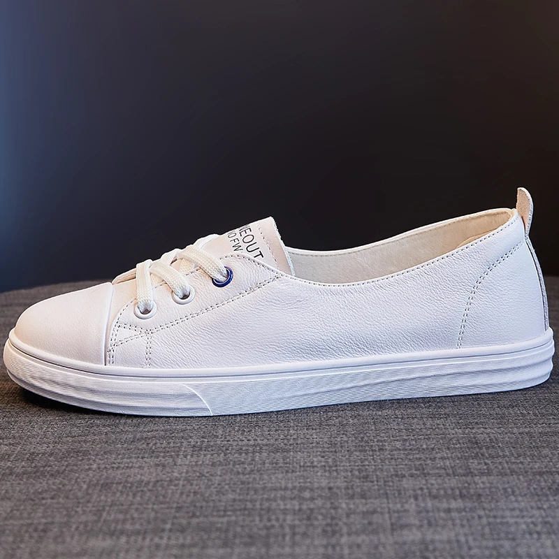 

Women White Leather Sneakers New Casual Flat Shoes Breathable Slip-on Lightweight Walking Shoes Female Vulcanized Footwear