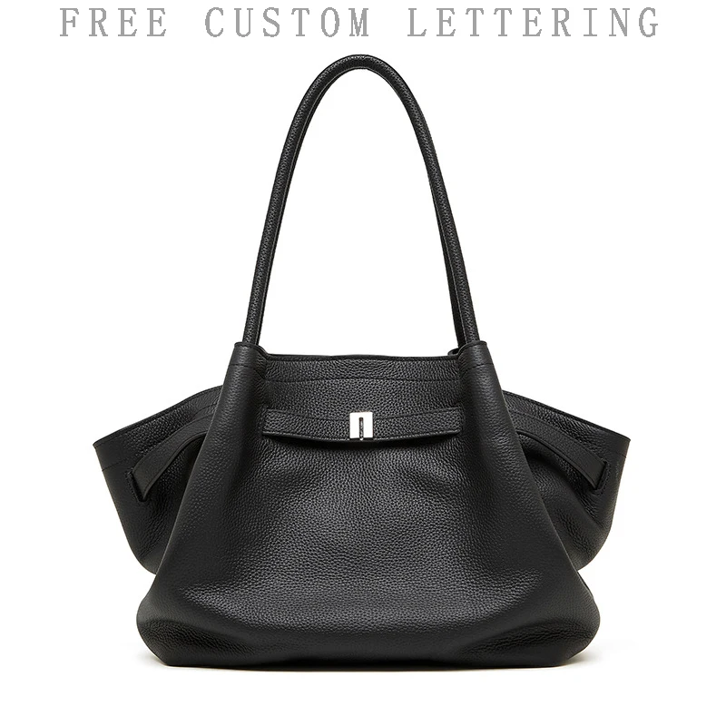 

Top layer cowhide large tote bag free initials2025 new niche design genuine leather pleated shoulder bag fashion ladies handbag