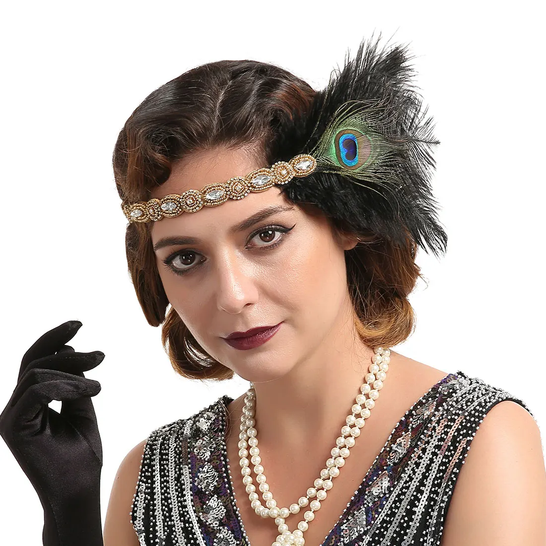 1920s Flapper Headbands Great Gatsby Rhinestone Headpiece with Peacock Feather Jewel Hair Accessories Showgirl Headpiece