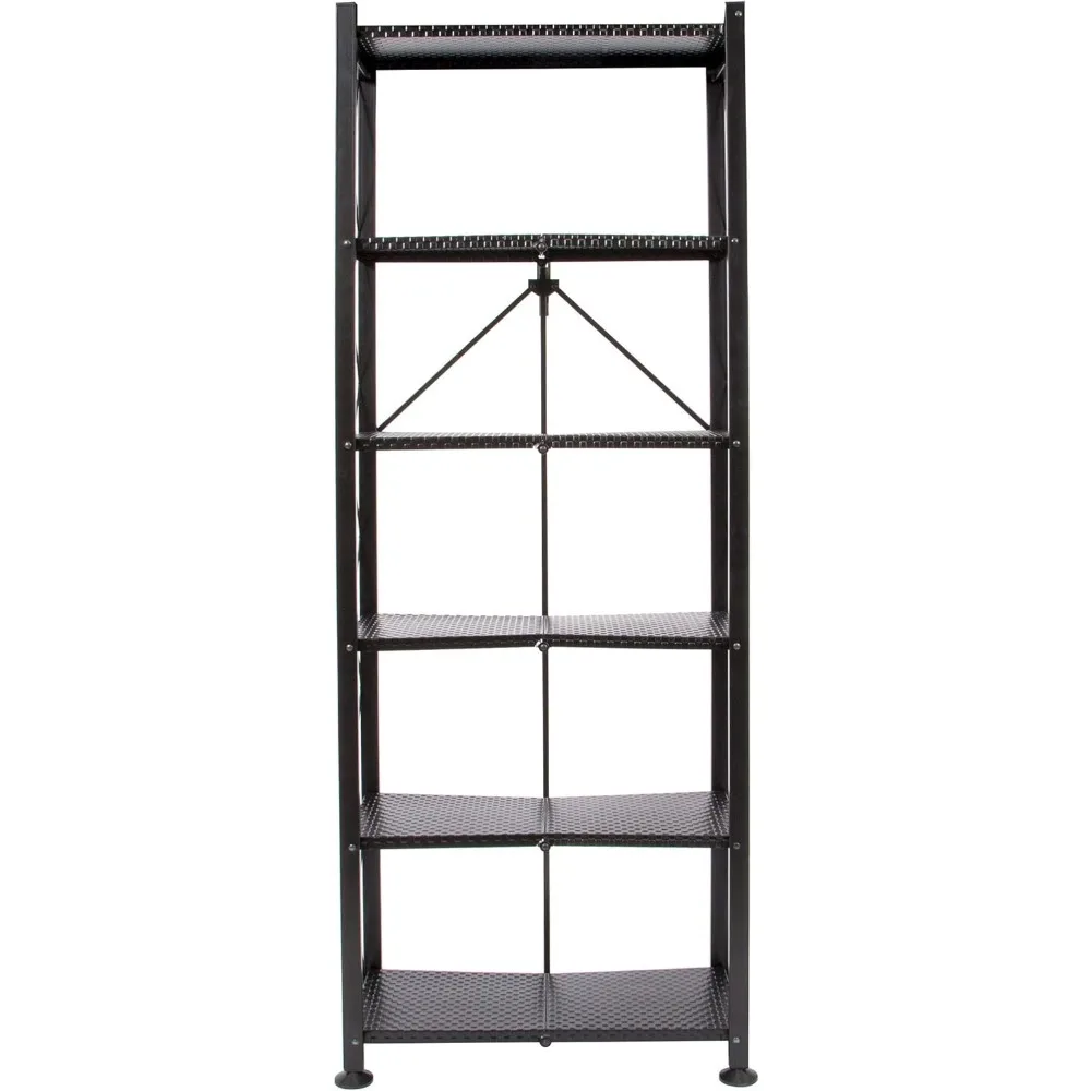 6 Tier Classic Stamped Metal Storage Shelves for Books, Decor, Vinyl Records, and Garage Organization and Storage, Black