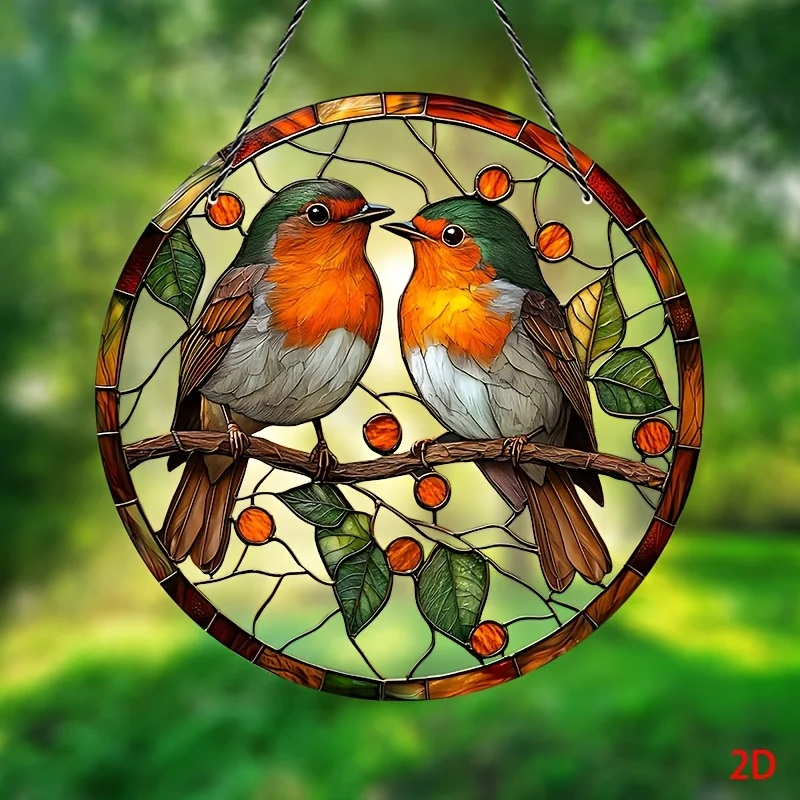 Acrylic Painting Adorable Pair of European Robins Perched on Berry Branch Stained Glass Style Round Wall Decor, 2D Flat Printing