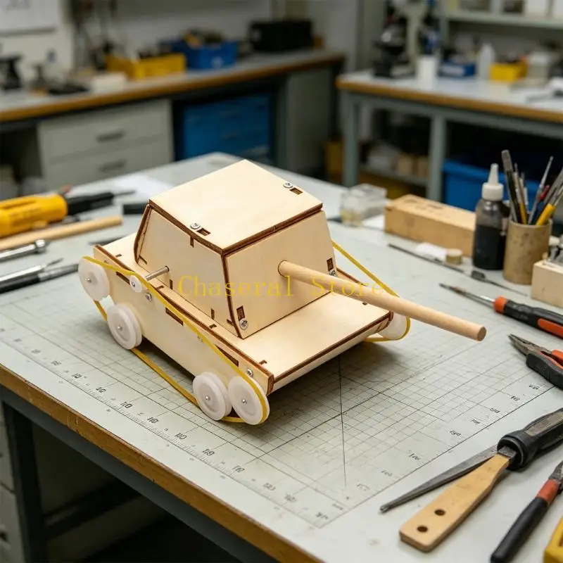 E7CE Powered Wooden Tracked Vehicle Project for Students, DIY Assembly Model for Home STEM Craft, Family Projects, Classroom