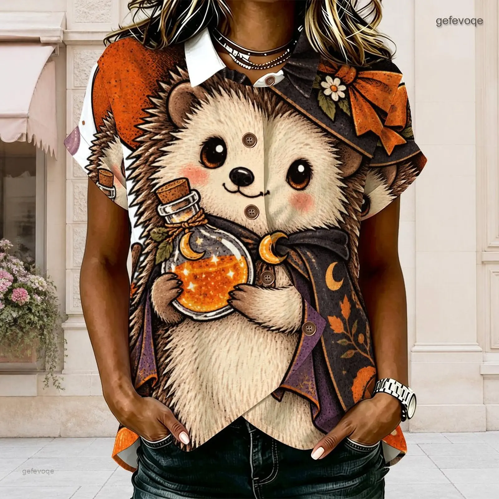 Women Shirt with Print Collared Neck Short Sleeve Button Front Cross Hem