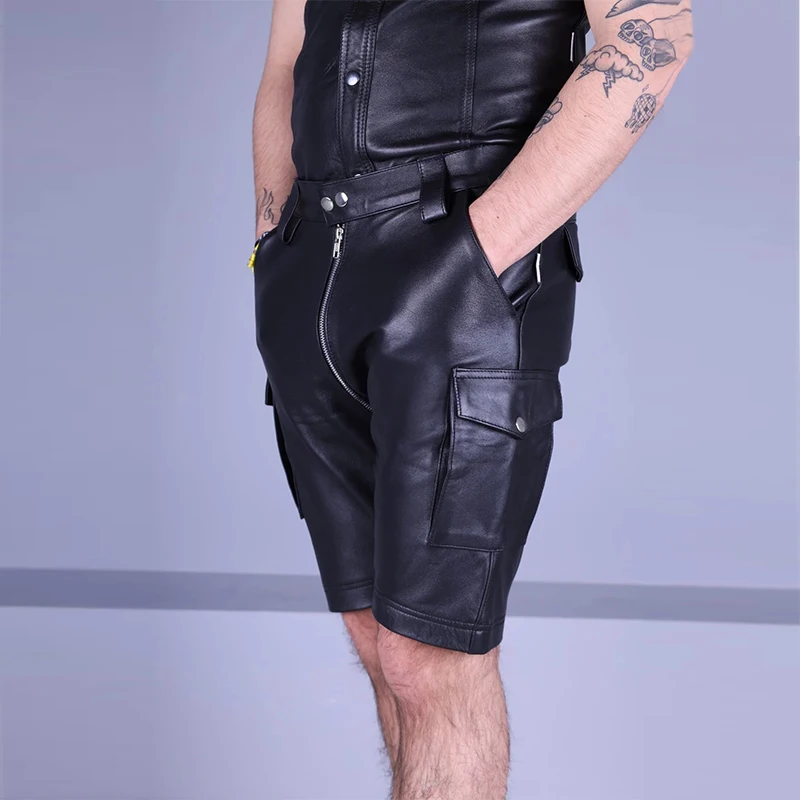 Men\'s Black Matte Faux Latex Leather Double Zipper Head Shorts Male Chic PU Casual Entertainment Short Cargo Pants New Custom