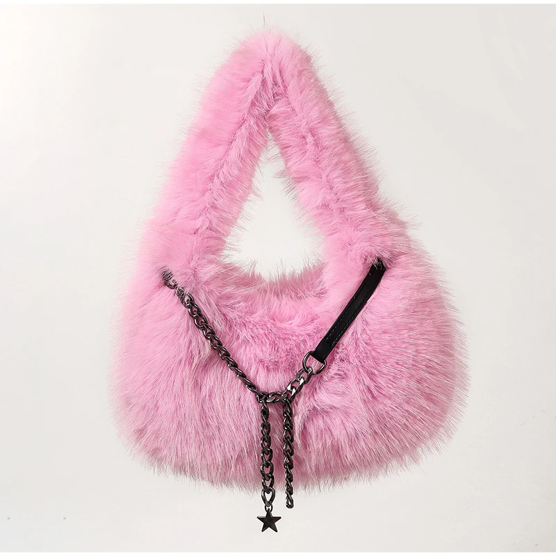 Weiche, glatte, flauschige Plüsch-Umhängetasche, Winter-Handtasche in Uni-Farbe, Metallketten-Tragetasche, lässige, individuelle Unterarmtasche – Detail 12