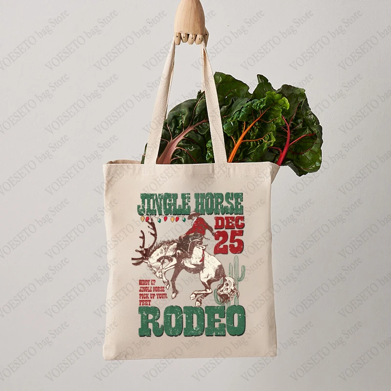 Jingle Horse Rodeo Cowboy Christmas Pattern Tote Bag Canvas Shoulder Bags for Travel Daily Commute Women's Reusable Shopping Bag