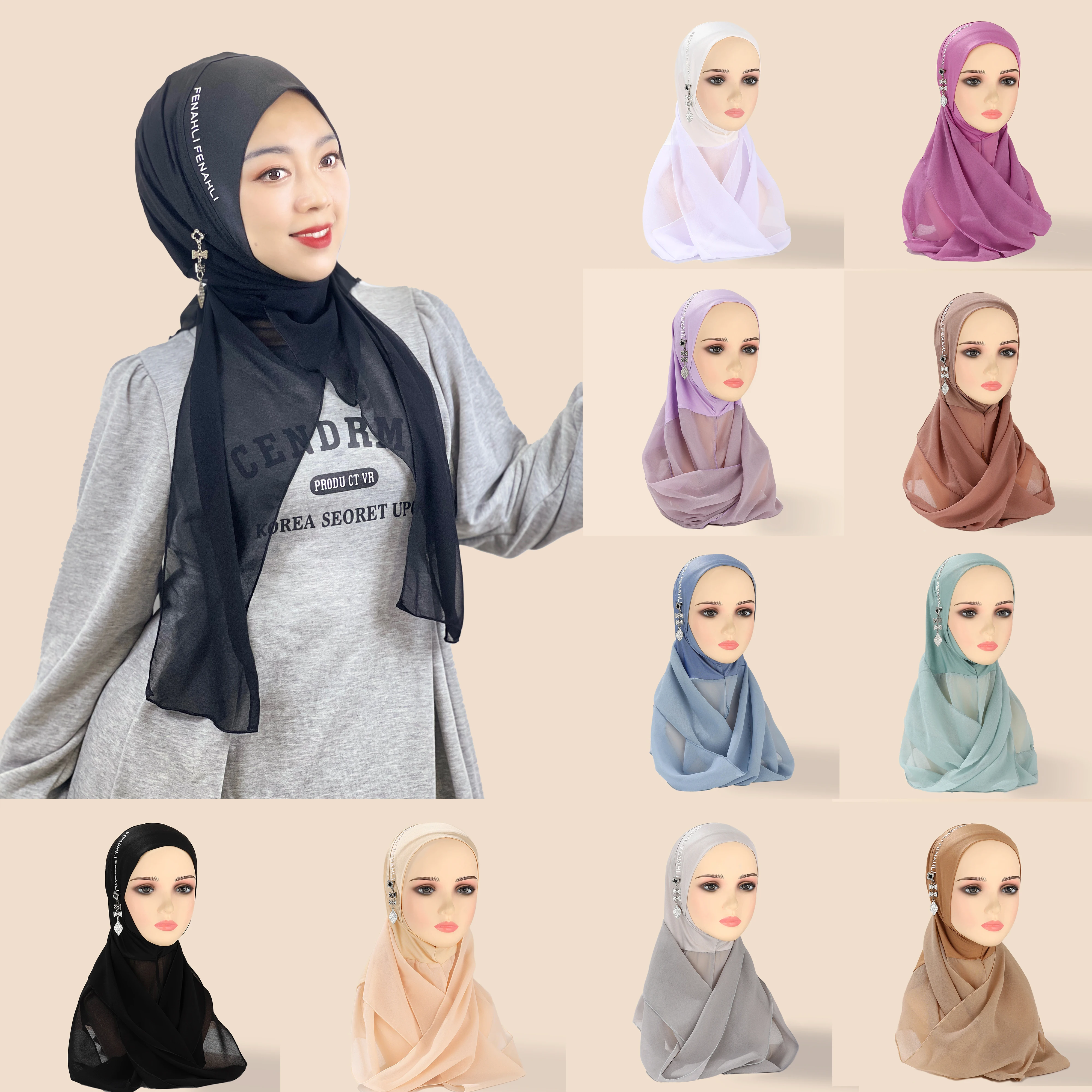 Muslim Pullover Hijab Crystal Hemp Patchwork Chiffon With Small Pendant Playful And Graceful