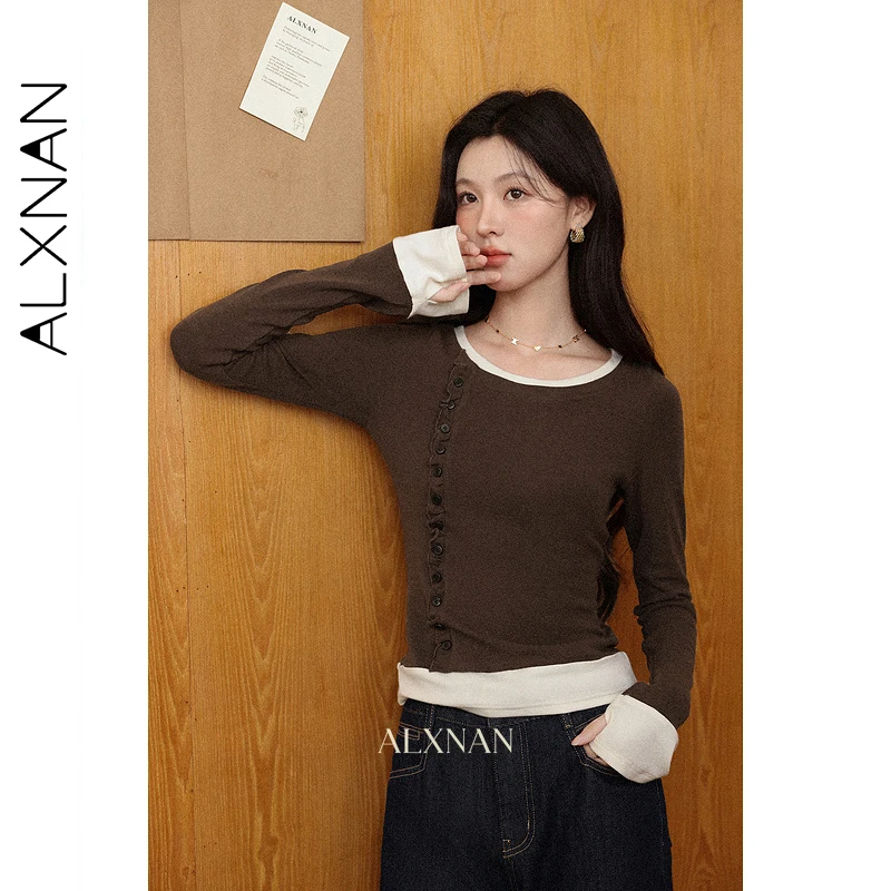 

ALXNAN Brown T-shirt Fake Two-piece Patchwork Women's Long Sleeve T-shirts 2025 Autumn Cotton Office Lady Slim-fit Tops L57310