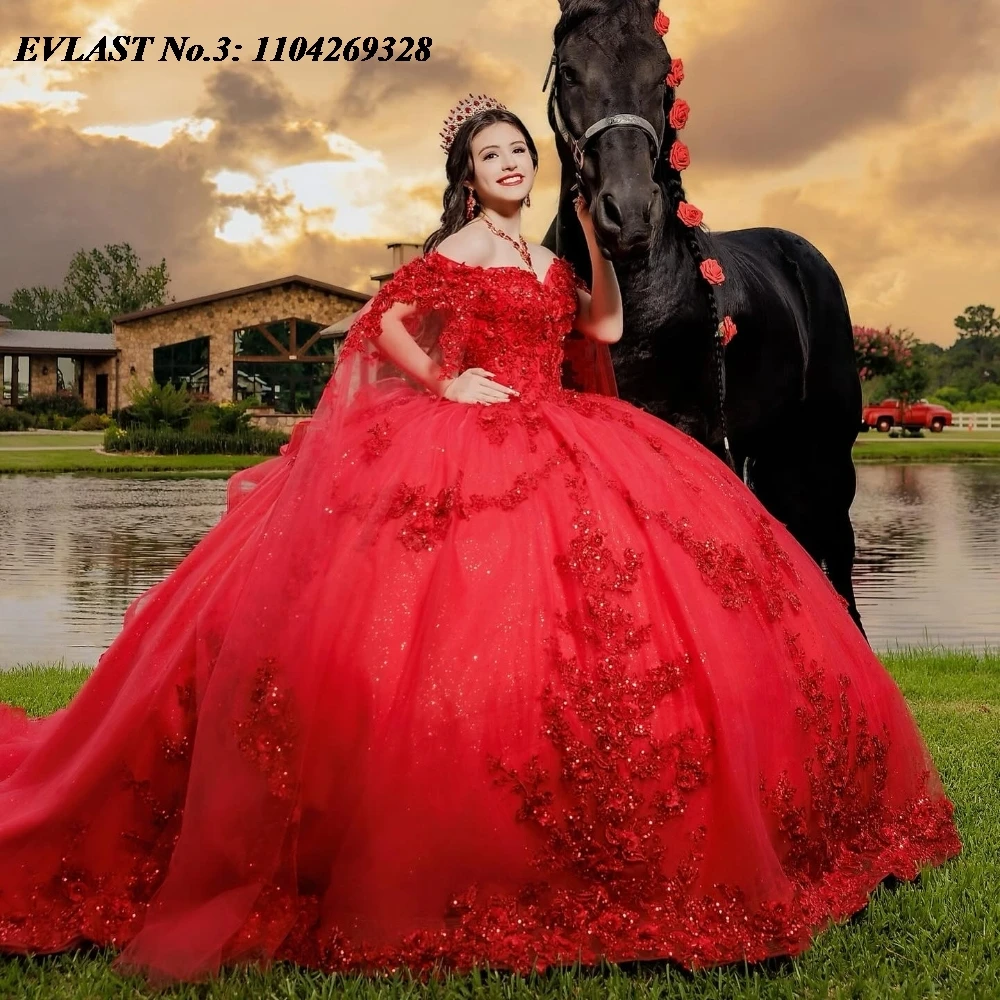 EVLAST Customized Shiny Red Quinceanera Dress Ball Gown Lace Applique Beading Cape Corset Sweet 16 Vestido De 15 Anos E3Q375