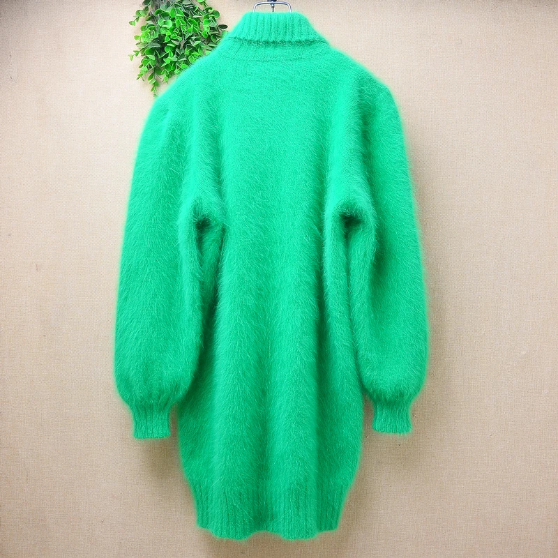 Feminino outono inverno roupas verde peludo angora coelho cabelo de malha gola alta camisola longa pele de vison jumper vestido puxar