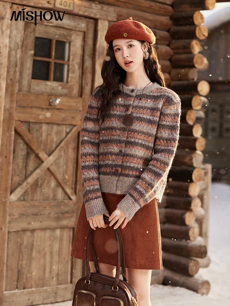 MISHOW Striped Sweaters Vintage Knitted Cardigan Color Clash Design Winter Women Loose Long-sleeved Soft Warm Tops MXD54Z0956