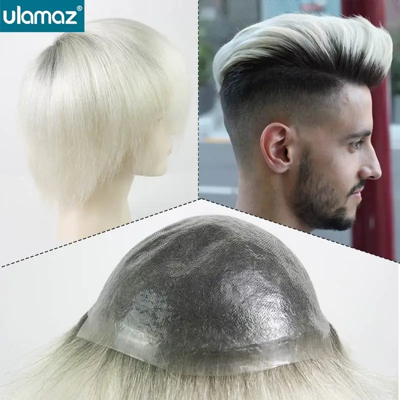 0.08mm Knotted Skin Man Hair Prosthesis Transparent Pu Toupee Mens Wig Colored Wig Hair System Microskin Male Hair Prosthesis