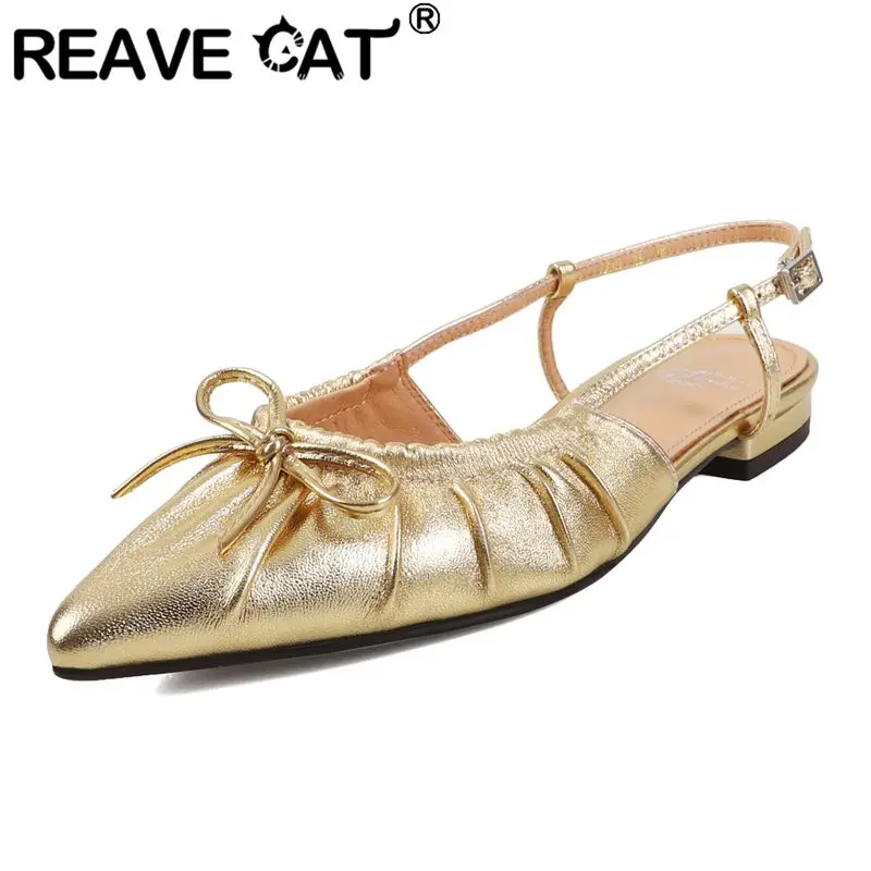 

REAVE CAT, женские сандалии из мягкой натуральной кожи, модная уличная повседневная обувь на плоской подошве с острым носком и пряжкой, ремешком и бантом из овчины 33