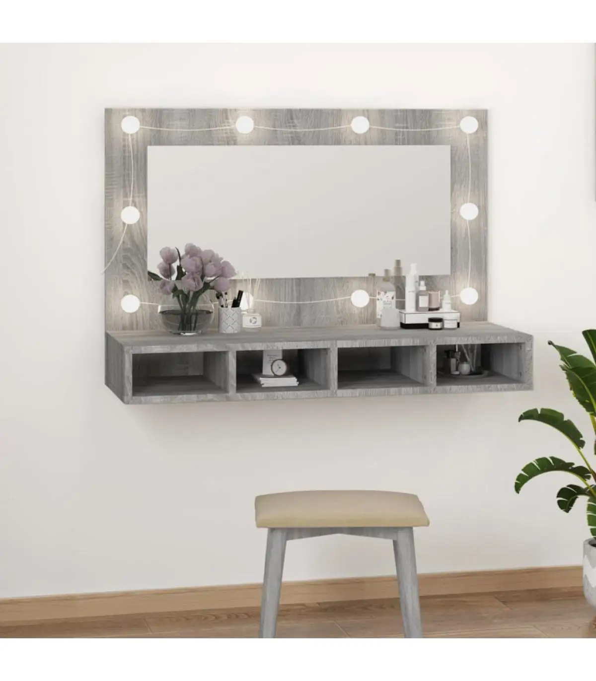 Bathroom Vanity Cabinet with mirror and LED color gray Sonoma 90x31,5x62 cm