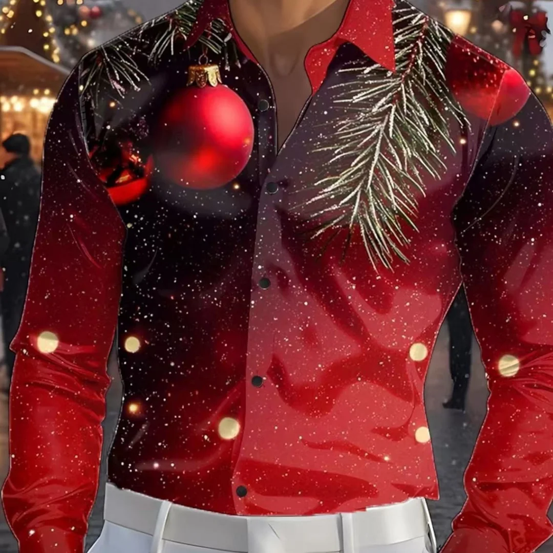 

2026 Christmas Tree Print Men's Long-Sleeve Shirt, Men's Fashion Christmas Shirt, Autumn/Winter Casual Men's Shirt