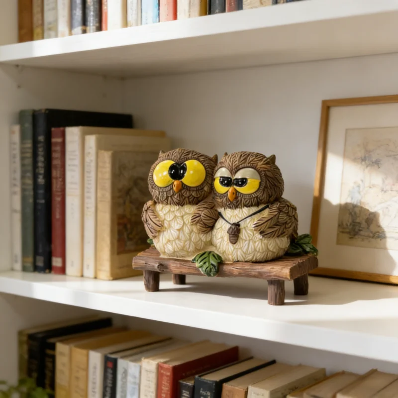 Owl Couple Resin Figurine, 2 Connected Owls on Bench Statue, Brown & White Cute Home Decor