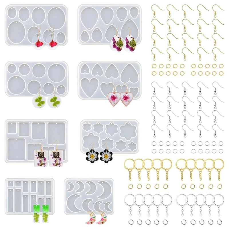 Resin Jewelry Molds,128 Pcs Multiple UV Resin Earring Mold With Holes,Basic Epoxy Keychain Kits Necklace Pendant Moldes