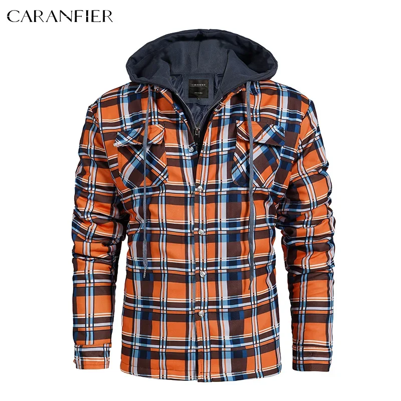 

CARANFIER Mens Hooded Jacket Casual Plaid Check Shirts Men Dropshipping Free Logo Customized Classic Jackets Plus Size S-5XL