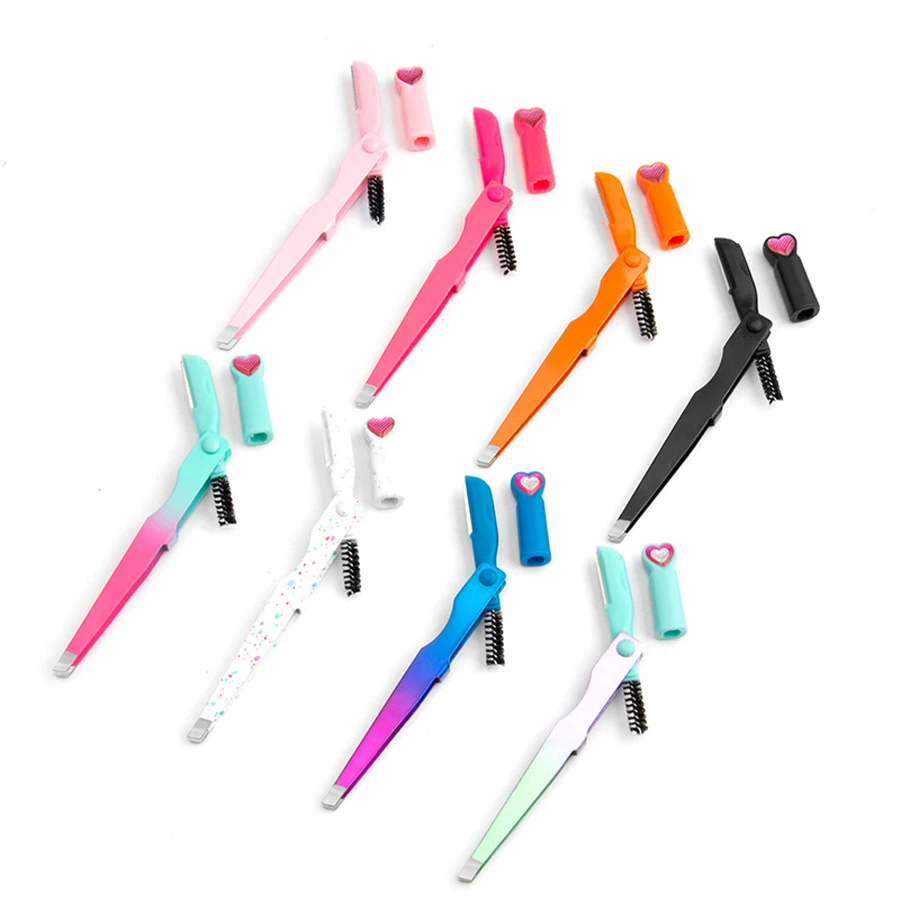 Aço inoxidável sobrancelha aparar ferramenta, 3 em 1, faca dobrável, clipe multifuncional, escova de sobrancelha, novo