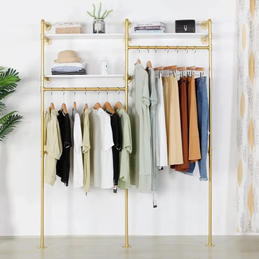 

Industrial Pipe Gold Clothing Rack with 2 Tier Shelf, Double Hanging Rods Clothes Rack Wall Mounted, Display Rack On Wall for Ha