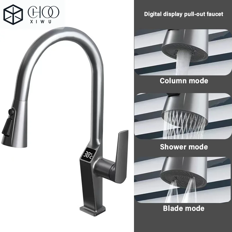 Kitchen sink pull-out faucet, water temperature digital display, pull-out range 60 cm, 360° rotation