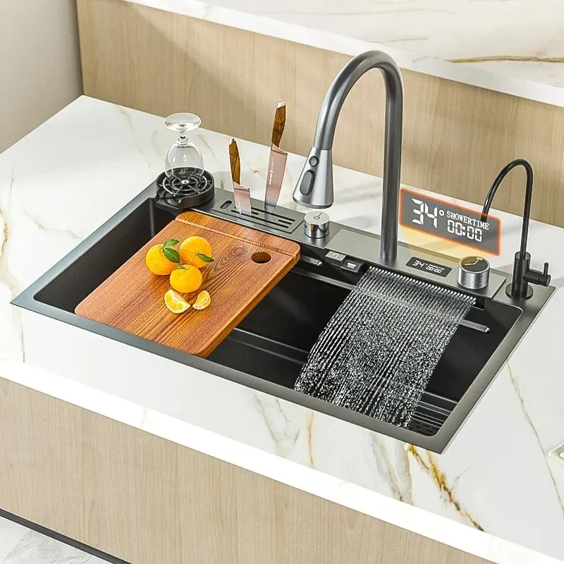 Stainless Steel  Kitchen Sink Digital Display Large Single Slot With Waterfall Faucet hotel Multifunction Wash Basin Apartment